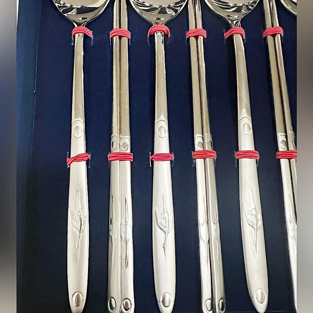 Vtg Stainless Steel Soup Spoons & Chopsticks Velvet Case Set of 10 Each